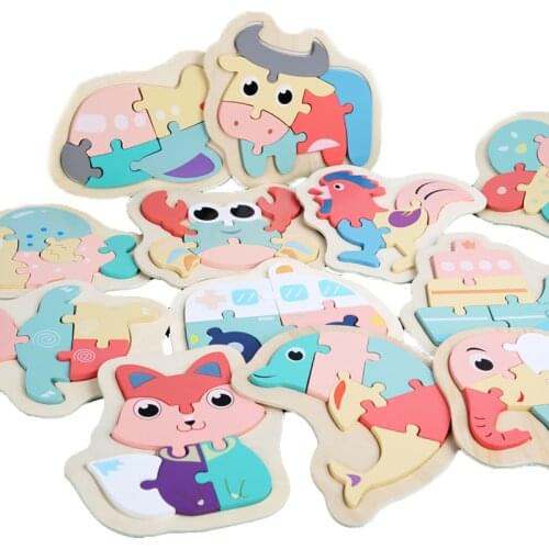 DIY wooden toys 3D puzzle cartoon animal macaron jigsaw puzzle Montessori early learning educational toys for children baby kids