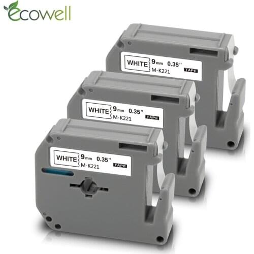Ecowell 3pcs label tape MK 221 M-K 221 compatible for Brother P-touch label printer PT-110 MK-221 9MM Ribbon Black on White