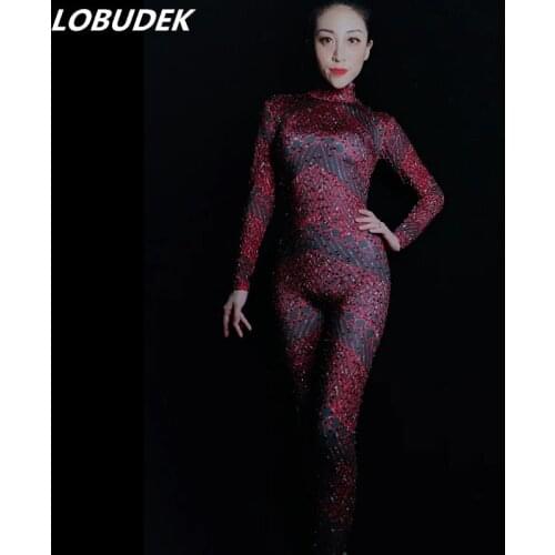 Full Red Rhinestones Skinny Jumpsuit Elastic Tights Women Birthday Celebration Jumpsuits Nightclub Singer Show Dancer Costume