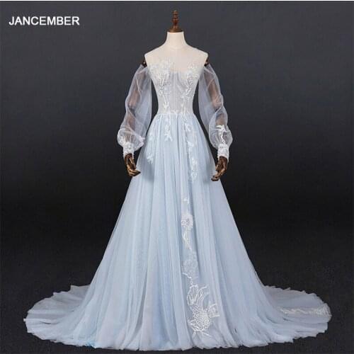 LSDZ38 JANCEMBER Simple Light Blue Elegant Long Sleeve Evening Dress 2021 Button With Back A-Line Floor-Lenght Appliques