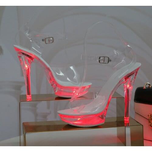 Mclubgirl Large Size Sandals Clear Heel Light-emitting PVC Platform Buckle Strap Super High Heels Womens Shoes LFD-1099-F