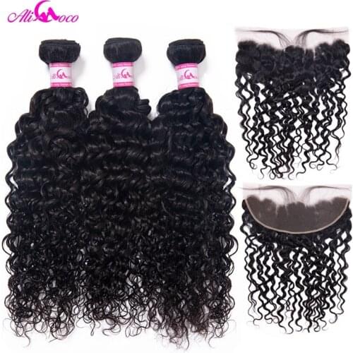 Ali Coco Brazilian Water Wave 3 Bundles With Lace Frontal Closure 8-28 Inch Natural Color Double Weft Remy Human Hair Extensions