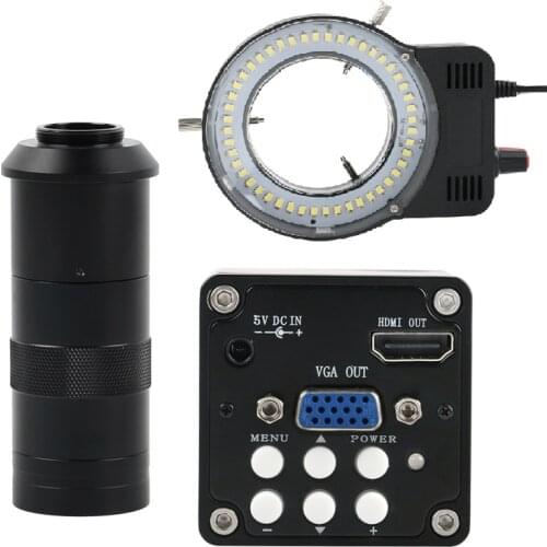 13MP 1/3" CMOS Industry Microscope Camera HDMI VGA 720P +100X C-Mount Lens+48 LED SMD USB Adjustable Ring Light Illuminator Lamp