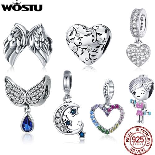 WOSTU Silver 925 Charm Unicorn Ladybug Animal Cat Beads Zircon Enamel Heart Pendant Fit Original Bracelet For Women DIY Jewelry