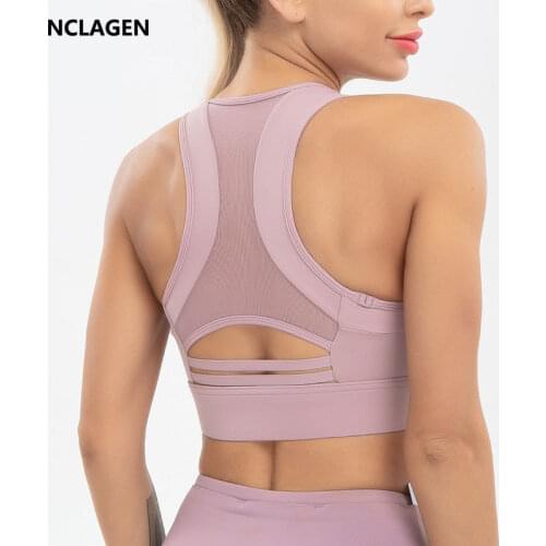 NCLAGEN Sports Bra Padded Yoga Crop Top Women Push-up Gym Underwear Mesh Breathable Back Workout Elastic Fitness Running Vest