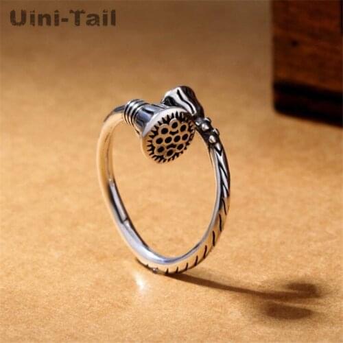 Uini-Tail hot new 925 sterling silver lotus opening ring retro handmade ethnic style creative lotus high quality jewelry ED132