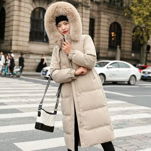 2021 New Women Coat Winter Faux Fox Fur Collar White Duck female Jacket Hooded Belt Solid Warm Coat Veste Thick Parka Outerwear