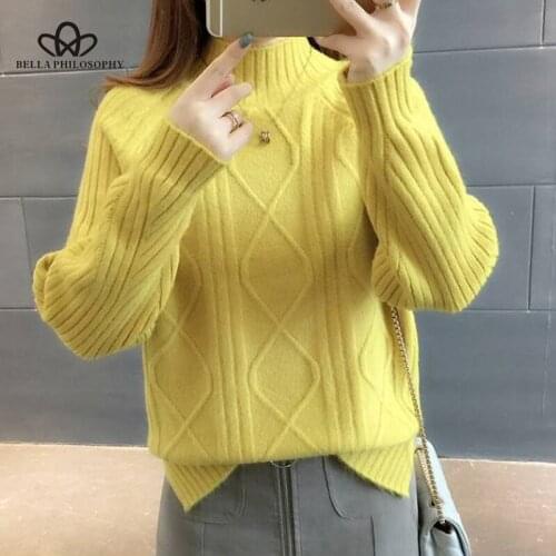 Bella Philosophy 2019 Autumn Solid Loose Women Fashion Sweater Ladies Casual Knitted Pullover Female Elegant Turtleneck Sweater