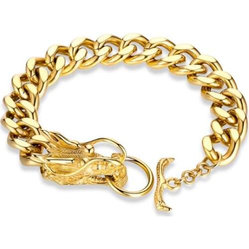 Gold Stainless steel Bracelet Link chain Gothic dragon Bracelet For Men jewelry 13mm 8.26