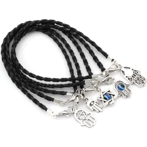 100Pcs Mixed Kabbalah Hamsa Hand Charms Black Leatheroid Braided String Bracelets K01139
