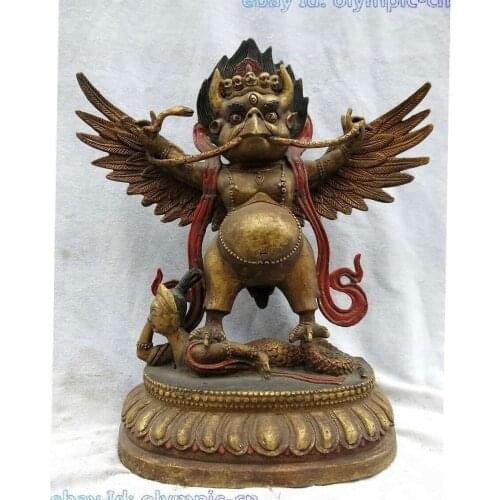 11" Tibet bronze gild carved finely Garuda Dhwaja dragon buddha Sculpture Statue