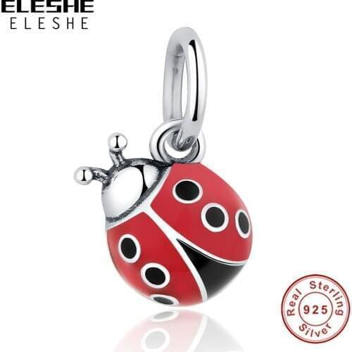 5PCS/Lot ELESHE S925 Sliver Red Ladybug Pendant Bead Fit Original Bracelet & Necklace DIY Simple Jewelry Making For Women Gift