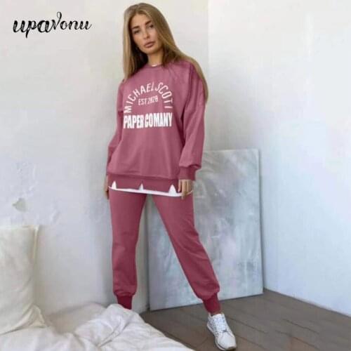 Free Shipping 2021 Spring New Womens Loose Letter Sports Suit Casual Hedging Long Sleeve Sweater & Elastic Pants Two-piece Set