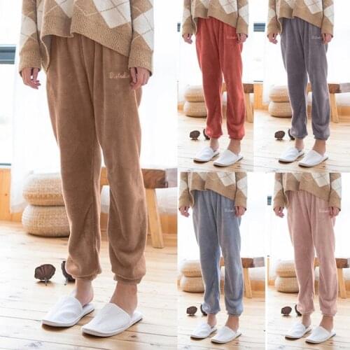 Autumn Winter Coral Fleece Pajama Pants Lady Leisure Solid Color Elastic Waist Trousers Flannel Warm Thick Loose Home Pants