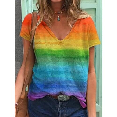 Rainbow Print Women T Shirt Casual Fashion Loose Top Hipster Tumblr Female Harajuku Short Sleeve Tees V Neck Clothes Рубашки