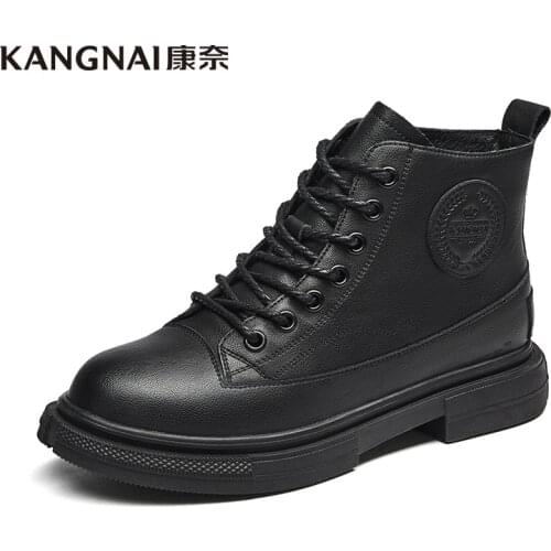 KANGNAI Women Ankle Boots Warm Flat Platform Martins Lacing Round Toe Woman Winter Shoes