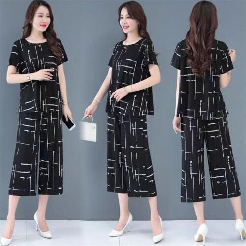Middle-aged Women 2 Piece Set Summer Suits Short Sleeve Print Tops and Pants Plus Size Two-piece Female Womens Clothing