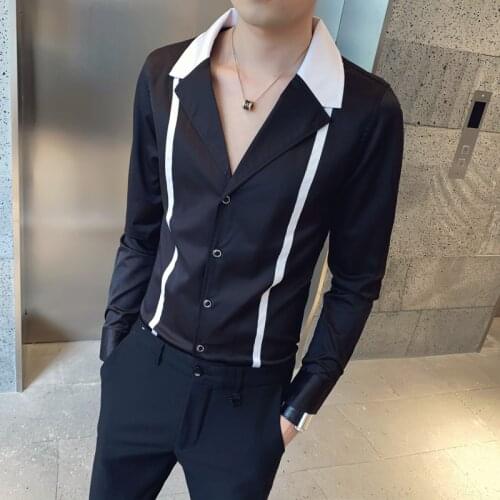 2020 NEW Men Shirts Fashion Patchwork Long Sleeve V-neck Casual Shirt Social Party Tops Streetwear Men Clothing Chemise Homme