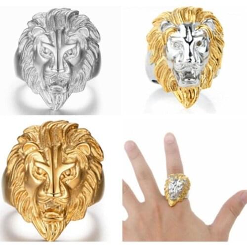 Mens Titanium Steel Ring Domineering Lion Animal Ring Rock Hip Hop Jewelry Gold Color Ring Jewelry