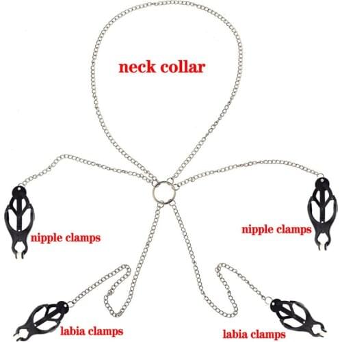Metal Chain Collar Nipples Clamps Breast Clips Labia Clit Clamp Kit Slave BDSM Fetish Adult Games Erotic Sex Toys For Couples