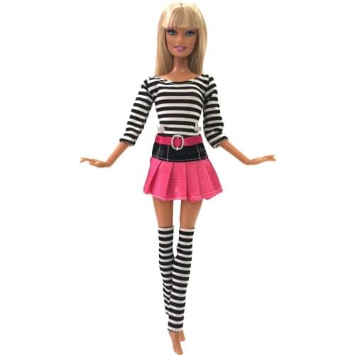 NK 1x Doll Dress Fashion Red Striped Skirt +Stocking Clothes For Barbie Doll Accessories Toy Gift 91A 5X