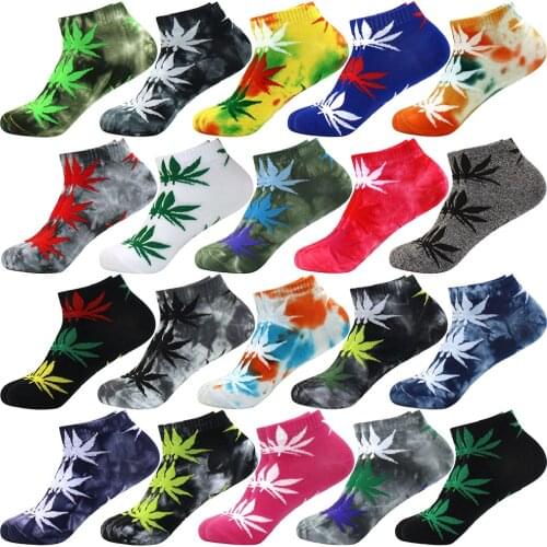 Tie-dye socks Fashion Men Socks Cotton Weed Colorful Women Soft Breathable Short Ankle Socks Maple Leaf Casual happy calcetín