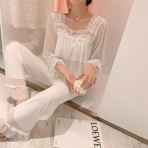 Pajamas suit long-sleeved home service suit female lace princess Korean version of the Palace Style cute modal пижама Nightgown