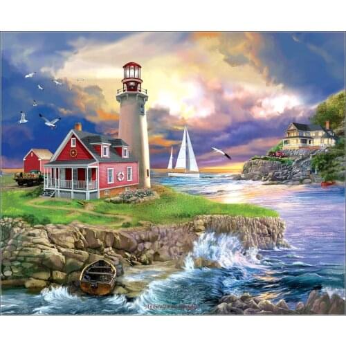 Full Embroidery Counted Cross Stitch Kits Needlework - Crafts 14 ct Aida DIY Art Decor Oil painting - Sunset Point Lighthous