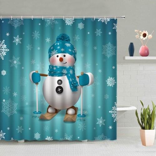 Christmas Snowman Shower Curtains Cute Cartoon Snow Scenery Bathroom Decoration Bath Curtain Washable With Hook Hanging Screen