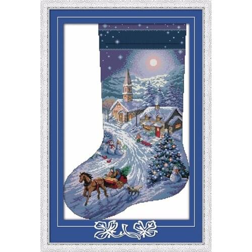 Christmas Stocking-A Peaceful Christmas Night Home paintings Counted Printed On Canvas DMC 14CT 11CT Cross Stitch Embroider kits