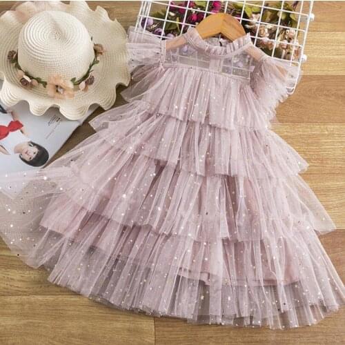 Retail New 2021 Summer Baby Girls Sparkle Cake Dress , Girls Princess Sweet Clothes 3-7T