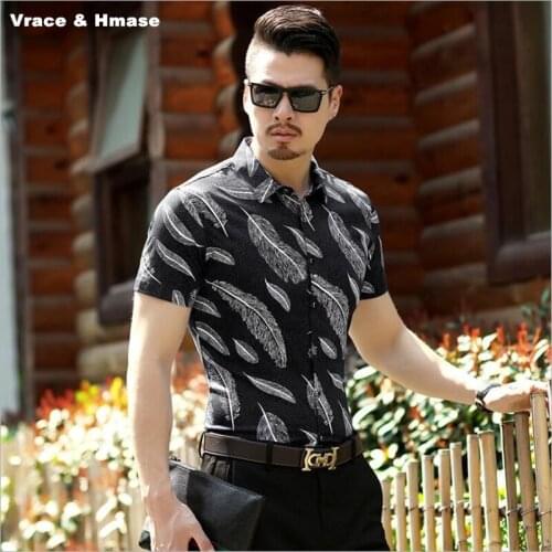 NO.1811 3D feather printing fashion casual luxury short sleeve shirt Summer 2018 high-quality soft silk cotton shirt men M-XXXL