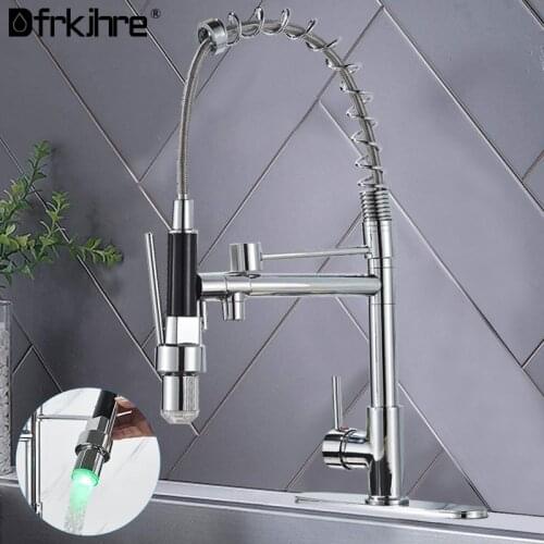 Pull Out Led Kitchen Sink Taps New Deck Mounted Chrome Brass Spring LED Kitchen Faucet Single Handle Hole Vessel Sink Mixer Tap