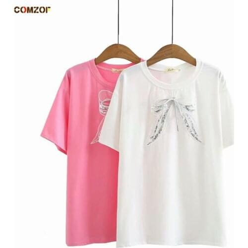 Bow Sequin Women Short Sleeve T Shirt 2021 Summer Plus Size Tee Shirt Femme Loose Tops Clothing Camisetas XL-4XL