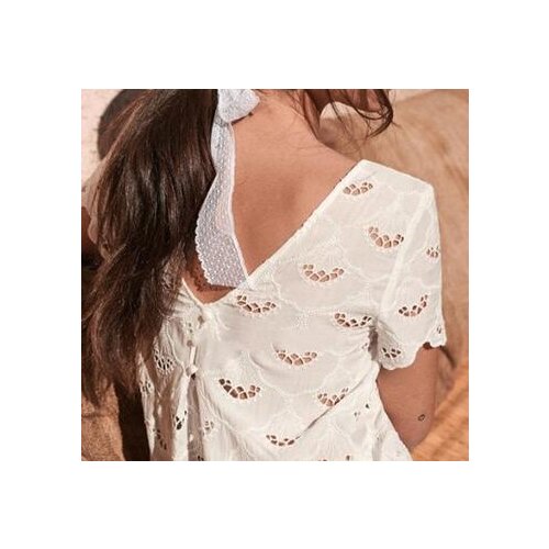 Cotton Women Buttoned V Back Hollow Out Embroidered Top - Female White/Black Short Sleeve Shirt Top