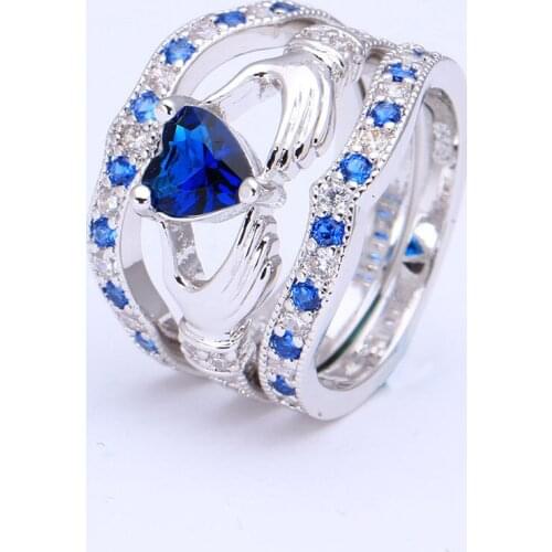 Blue created Purple white Princess Wedding band women crown heart hand love royal blue zirconia zircon Engagement Ring Sets