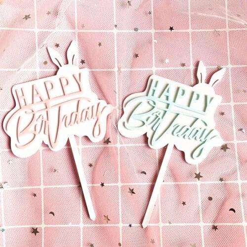 Acrylic Happy Birthday Cake Toppers Cute Pink Rabbit Acrylic Cupcake Topper For Kids Baby Girls Birthday Party Cake Decorations
