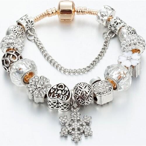ANNAPAER Silver Color Snowflake Bracelets & Bangles White Crystal Beads Charm Bracelet for Women Gift B16135