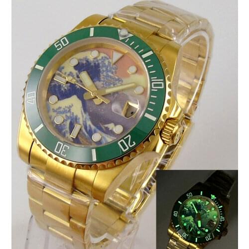Golden 40mm mechanical automatic mens watch genuine NH35A surfing dial sapphire glass oyster bracelet date super lume hands