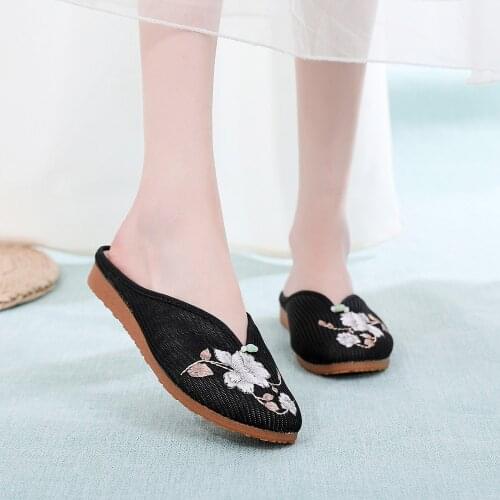 Retro Flowers Embroidered Ladies Knitted Cotton Flat Slippers Mules Summer Women Comfort Casual Close Toe Shoes Black White