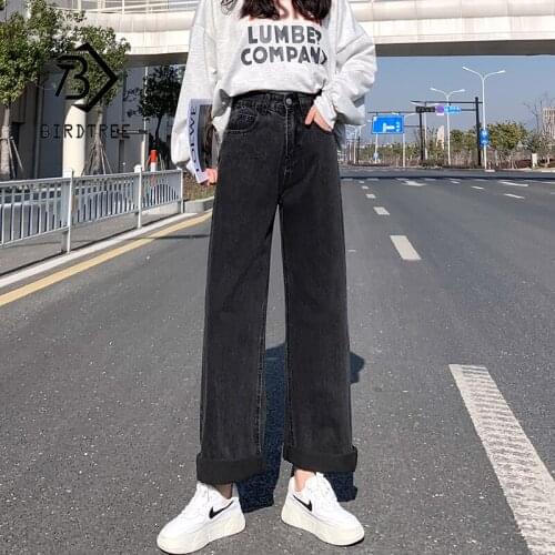 Spring Womens Vintage Plus Size Straight Floor-Length Denim Pant Solid Wide Leg All Match High Waist Loose Casual Jeans B18506X