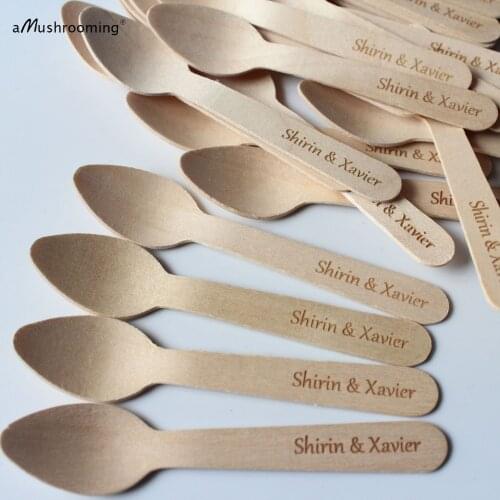 100pcs Personalized Compostable Spoon Wooden Mini Ice Cream Dessert Spoons for Wedding Engagement Party Event Supplies with Name