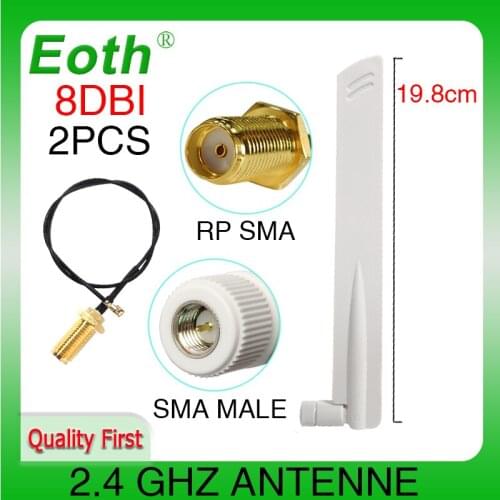 2pcs 2.4Ghz antenna Wifi 8dbi SMA Male connector white 2.4 ghz antena Router Antenna 2.4G +21cm RP-SMA Male Pigtail Cable