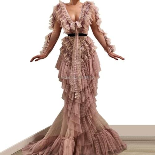 2019 V-Neck Mermaid/Trumpet Long Evening Dress Floor-Length Tulle Bowknot Sash Formal Dress Women Dress Prom Dress Zipper