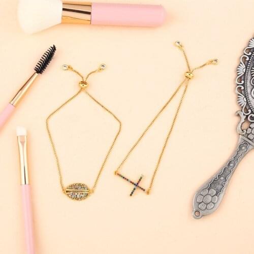 2021 Unisex Jewelry Hot Sale Cross Shell Paved Rainbow Cubic CZ Crystal Adjustable Dainty Chain Pull Bracelet For Women Girl