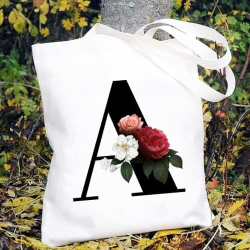 Black Large Capacity Canvas Bags Wild Travel Bag Women Shopping Tote Bag Flower Letter A-Z Print Bag Female Fashion Shoulder Bag