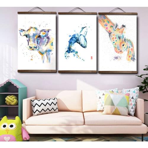 Chinese Animal Deer Cow Canvas Decorative Picture Poster for Bedroom Living Room Wall Art Solid Wood Scroll Paintings Home Decor