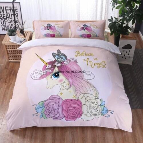 2-3 Pieces Cute Cartoon 3D Unicorn Childrens Bedding Set King Rose Flower Quilt Cover Girl Home Textile Bedding Set Full Size