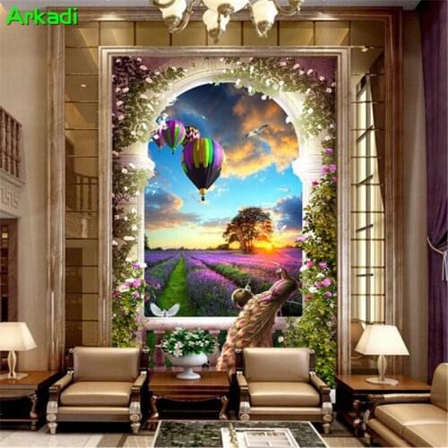 European 3D entrance mural lavender peacock hot air balloon background wall paper custom hallway corridor aisle decorative wall