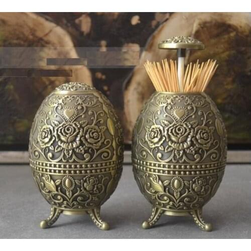 European egg shape bronze automatic toothpick holder toothpick dispenser tandenstoker houder toothpick box for kitchen YQT022